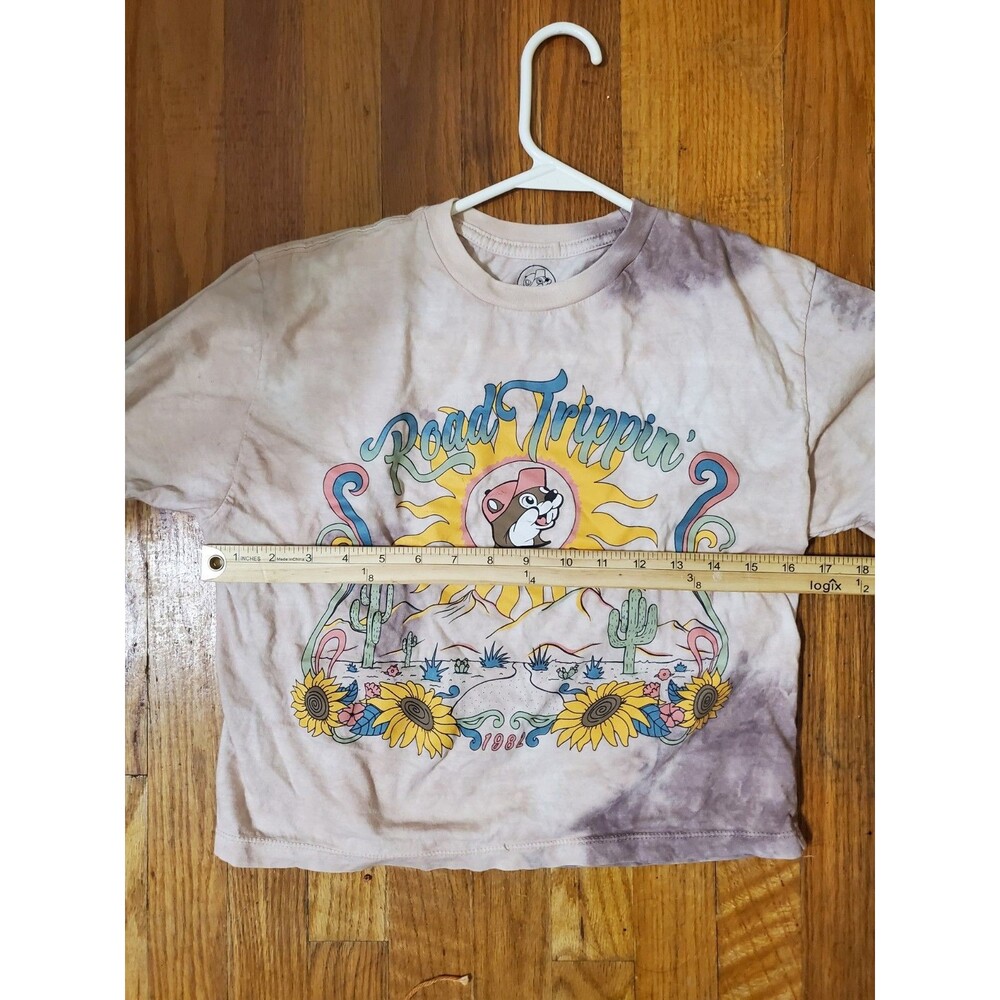Women's Buc-ee's Cropped Road Trippin' Shirt Small Tie Dye Brown Tan Sunflower - Picture 4 of 5